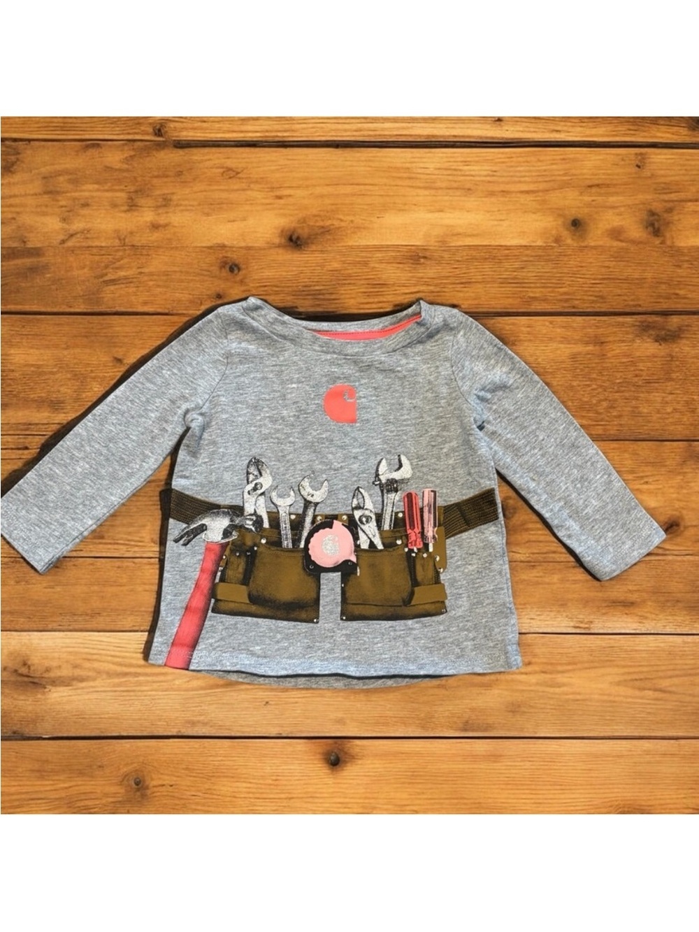 NWOT Carhartt Gray Long Sleeve Baby Girl Shirt Silver Pink Tool Belt 100% Cotton